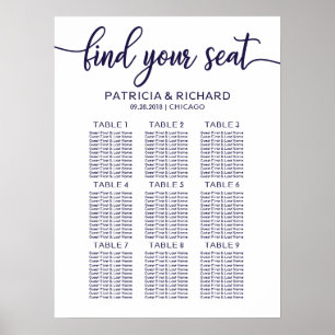 Poster Quadro de Assentos de Casamento Chic Azul-Navy