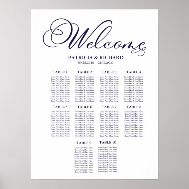 Poster Quadro de Assentos de Casamento com 10 Mesas Simpl (Frente)