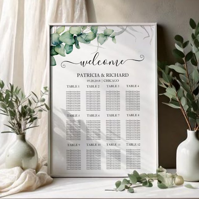 Poster Quadro de Assentos de Casamento com 12 Mesas e Veg (Criador carregado)