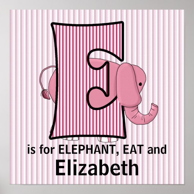 Pôster Quadro de Elefante Rosa com Monograma E para Quart (Frente)