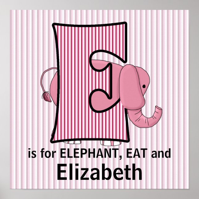 Pôster Quadro de Elefante Rosa com Monograma E para Quart (Frente)