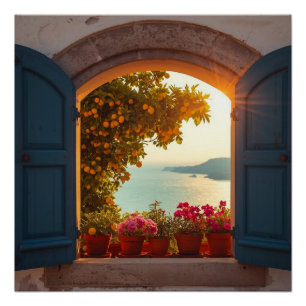 Pôster quadro de vista de janela mediterrânea limoeiro co