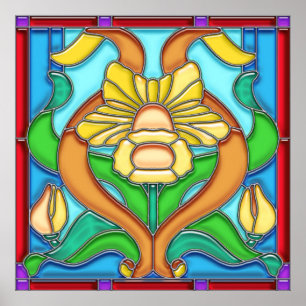 Poster Quadro do vidro da mancha do Daffodil de Nouveau