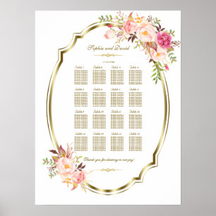 Poster Quadro Dourado Floral de Sede, Linho-Rosa de Luxo