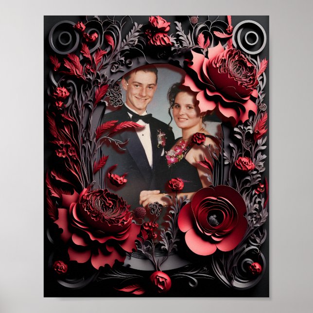 Poster Quadro Floral Preto e Vermelho Gravado em 3D (Frente)