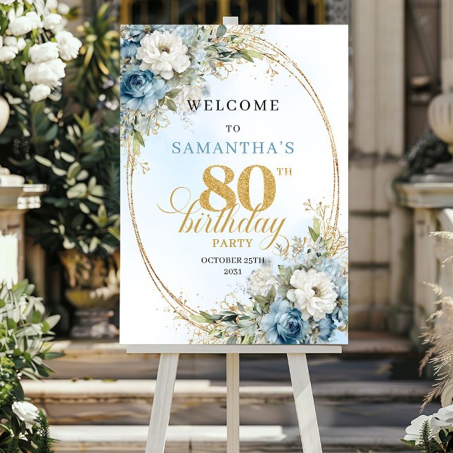 Poster Quadro moderno em azul empoeirado e dourado de euc (Modern dusty blue eucalyptus gold frame 80th birthday

)