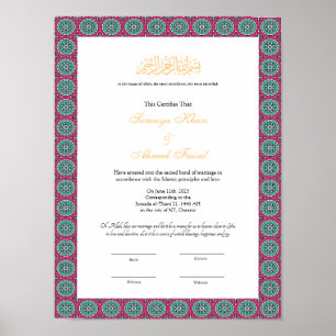 Poster Quadro vermelho Certificado nikkah muçulmano poste