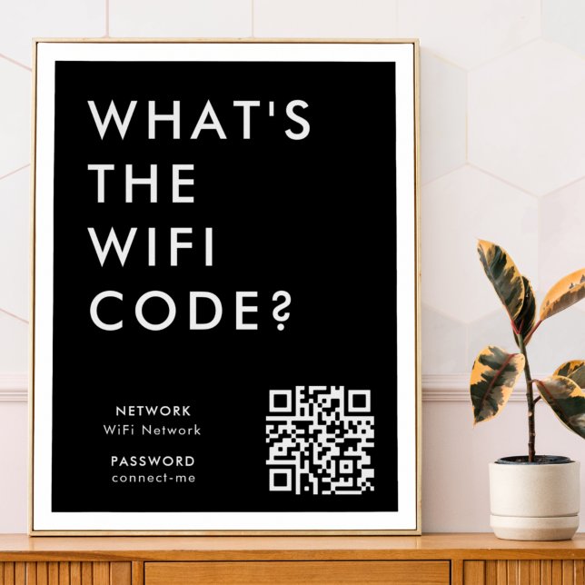 Poster Qual é o código WiFi? | Senha de rede Black QR (Criador carregado)