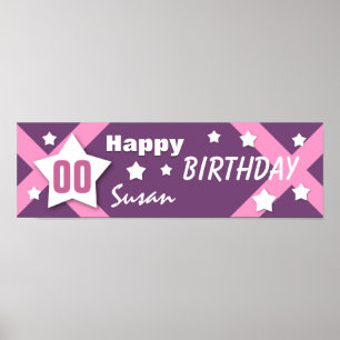Pôster QUALQUER ANO, Banner de Aniversário Estrela Rosa 