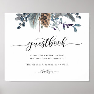 Poster Qualquer evento, Blue Rustic Floral, Guestbook Sin