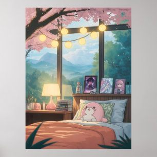 Poster Quarto de Anime Aconchegante Kawaii Flor de Cereje