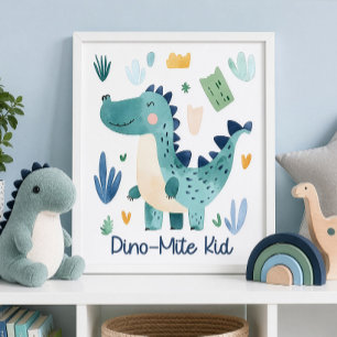 Poster Quarto de Bebê Dinossauro Azul Fofo Dino-Mite Kid