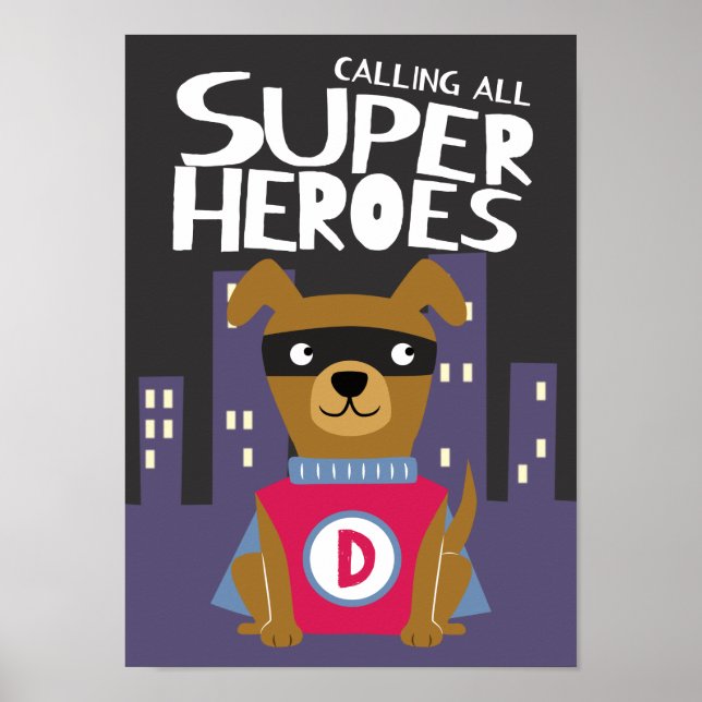 Poster Quarto de Berçário de Meninos Super-Herói Cachorro (Frente)