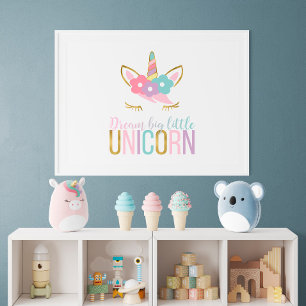 Pôster Quarto de Menina com Rosto de Unicórnio Dourado