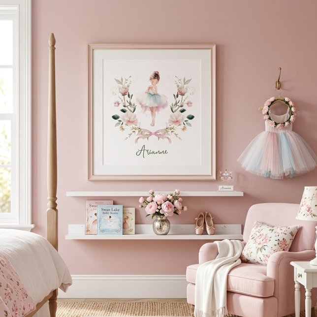 Poster Quarto de Meninas Bailarina com Arco Rosa em Aquar (Criador carregado)