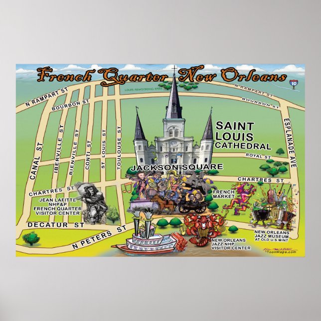 Poster Quarto Francês Novo Orleans - Mapa Divertido 24x36 (Frente)
