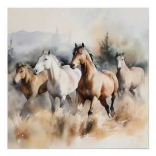 Pôster “Quatro Mustangs Selvagens” Aquarela Ocidental Emp