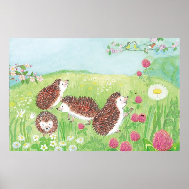 Poster Quatro Pequenos Hedgehogs no Prado (Frente)