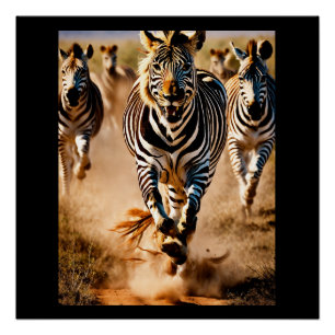 Pôster Quatro Zebras Correndo pela Savana Enquanto um 