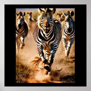 Poster Quatro Zebras Correndo pela Savana Enquanto um 