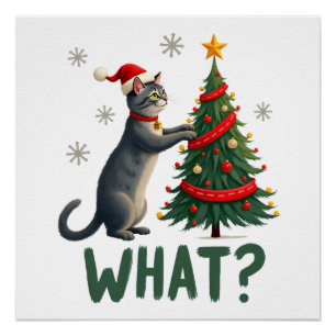Pôster Que Gato Divertido Empurrando Árvore de Natal Sobr
