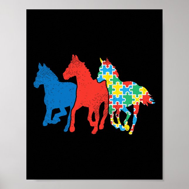 Poster Quebra-Cabeça Três Cavalos Vermelho Azul Conscient (Frente)