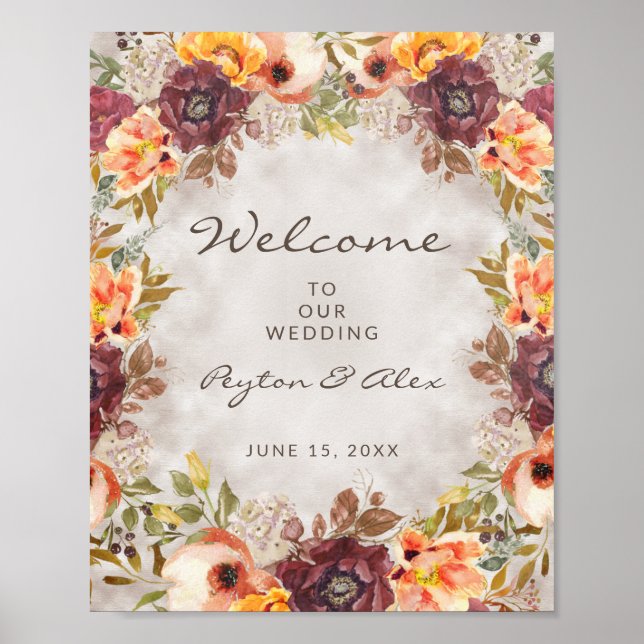 Poster Queda Autumn Orange Burgundy Casamento Floral Bem- (Frente)