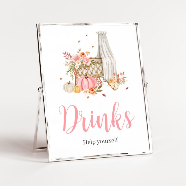 Poster Queda No Amor Pumpkin Rosa Bebe Bebida Bebê (Fall Autumn Pumpkin Baby Shower Drinks Sign)