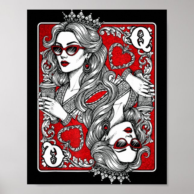Poster Queen Of Heart Playing Card Coffee Lover Gambling  (Frente)