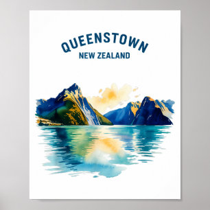 Poster Queenstown Nova Zelândia Aquarela Vintage Paisagem