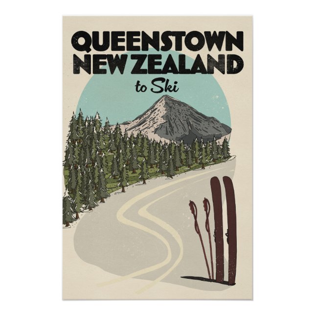 Pôster Queenstown Nova Zelândia para Esqui (Frente)