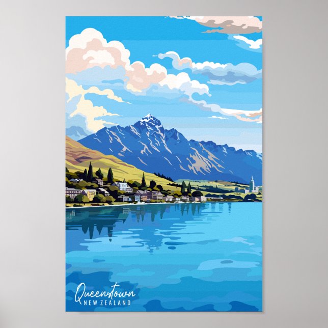 Poster Queenstown Nova Zelândia Viagem Art Vintage (Frente)