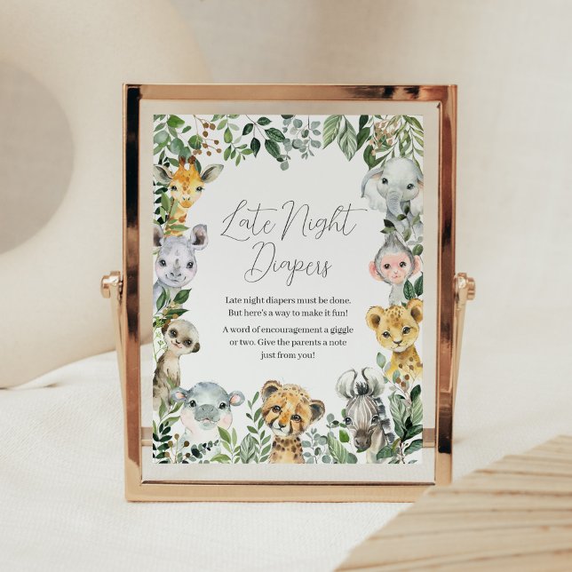 Poster Querido Rapaz Safari Bebê Fraldas Noturnas Tardes (Greenery Safari Animals Baby Shower Late Night Diapers Sign)