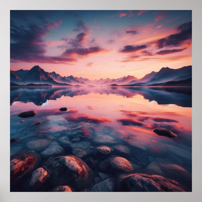 Poster Quiet Lake Sunset Poster, Reflective Mountain Dusk (Frente)