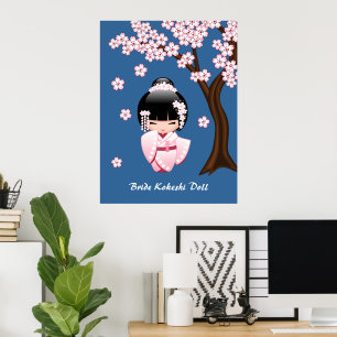 Pôster Quimono Rosa Boneca Kawaii Kokeshi em Azul