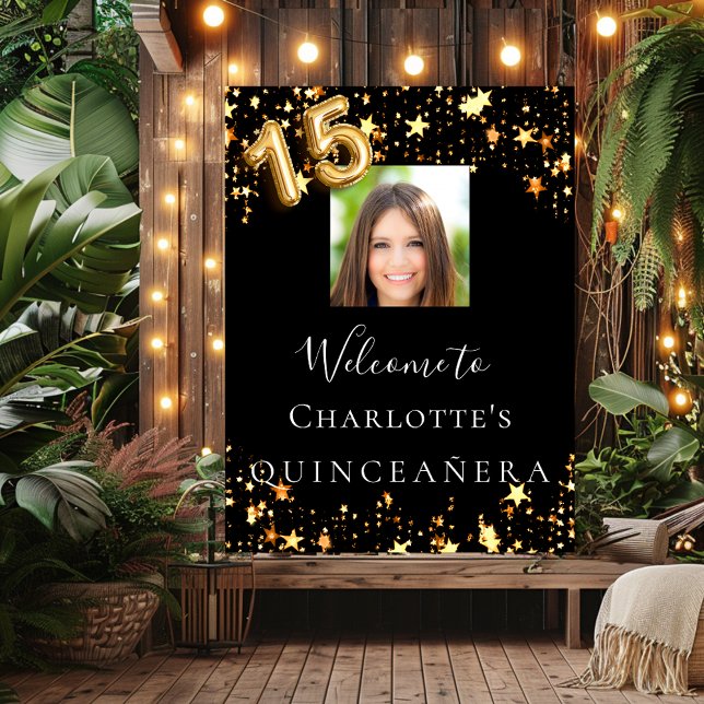 Poster Quinceanera black gold stars foto-bem-vindas (Criador carregado)