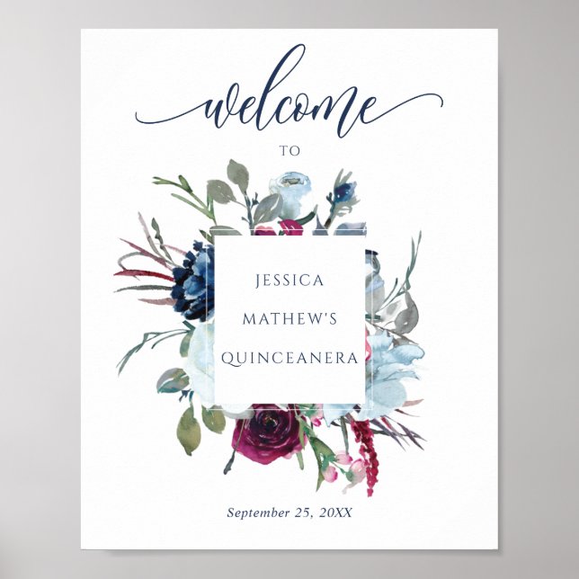 Poster Quinceañera Burgundy, Berry & Blue - Sinal de boas (Frente)