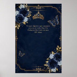 Poster Quinceañera Floral Borboleta Dourada Azul-Marinho