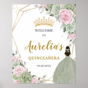 Poster Quinceañera Floral Verde Cor-de-Rosa Suave