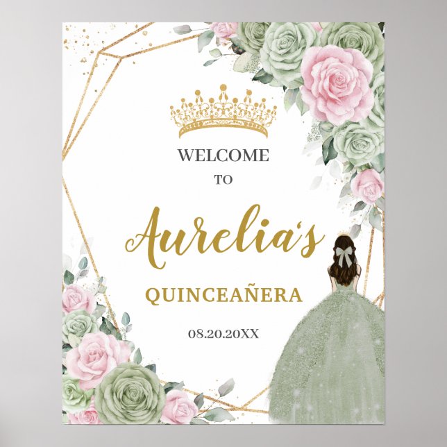 Poster Quinceañera Floral Verde Cor-de-Rosa Suave (Frente)