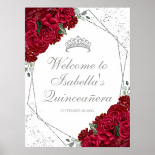 Poster Quinceanera Floral Vermelha e Prata Bem-vindo