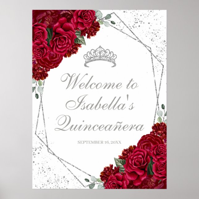 Poster Quinceanera Floral Vermelha e Prata Bem-vindo (Frente)