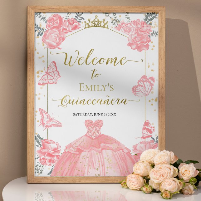 Poster Quinceanera Foto de Boas-vindas Sinal Rosa Dourado (Criador carregado)