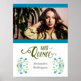 Poster Quinceanera Foto Floral Mexicana Tradicional Azul