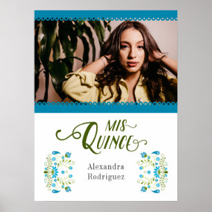 Poster Quinceanera Foto Floral Mexicana Tradicional Azul