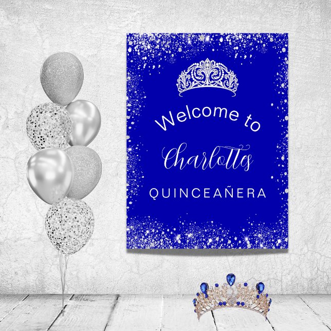 Poster Quinceanera, glitz azul real de prata bem-vinda (Criador carregado)