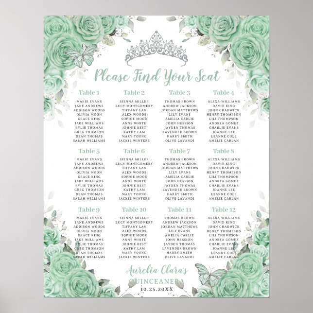 Poster Quinceañera Mint Green Floral Silver Seating Seati (Frente)