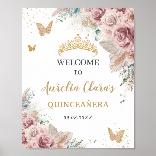 Poster Quinceañera Pampas Escamas Borboletas Florais (Frente)