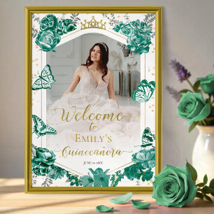 Poster Quinceanera Photo Welcome Sinal Emerald Green