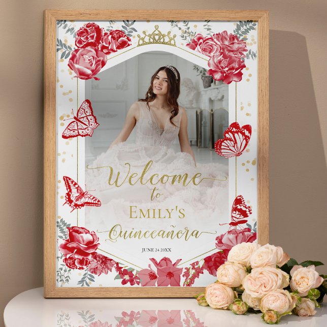 Poster Quinceanera Photo Welcome Sinal Red Floral Dourado (Criador carregado)